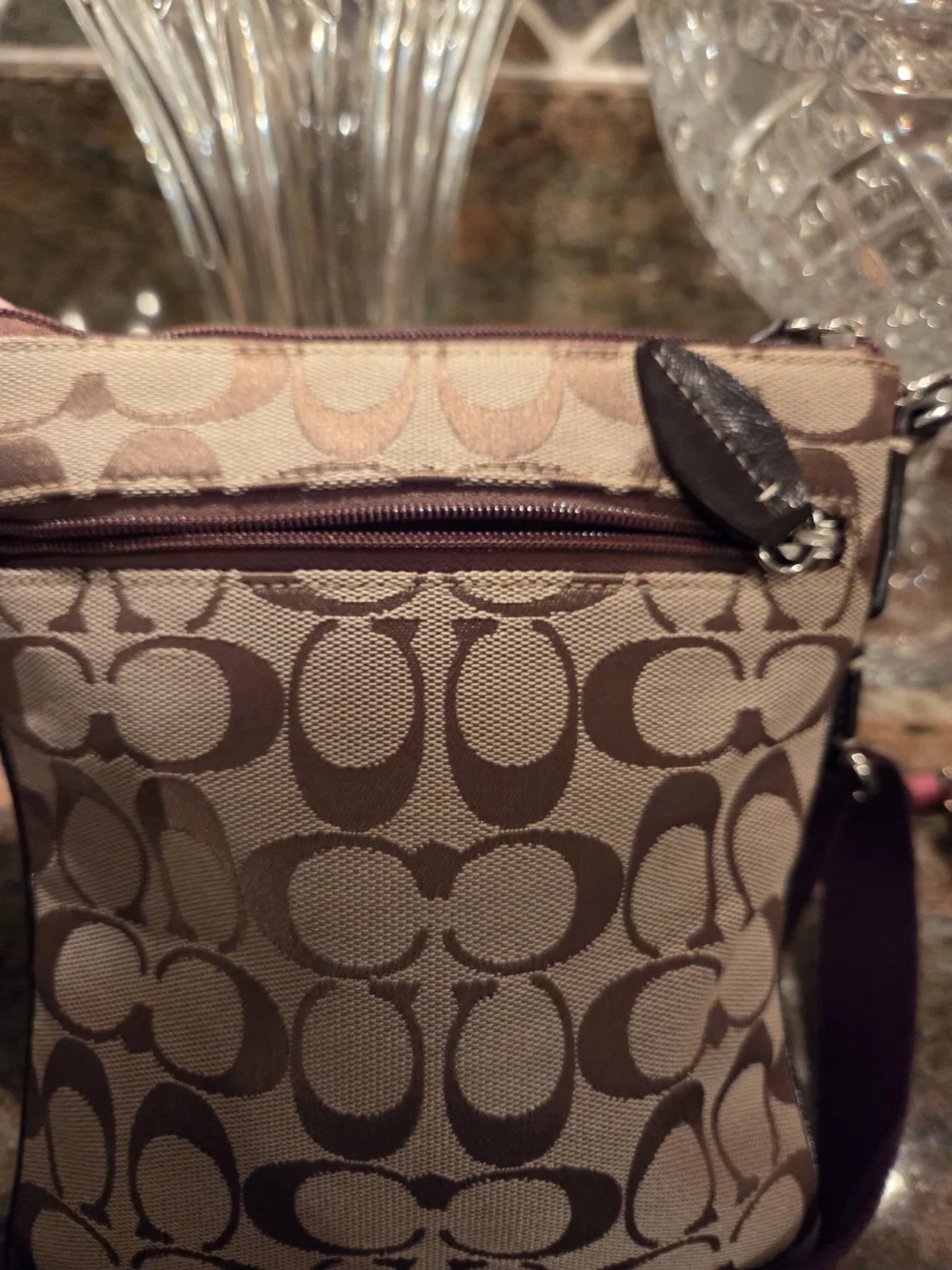Coach Brown Signature Canvas Crossbody with Brown And Pink-Accent Wristlet